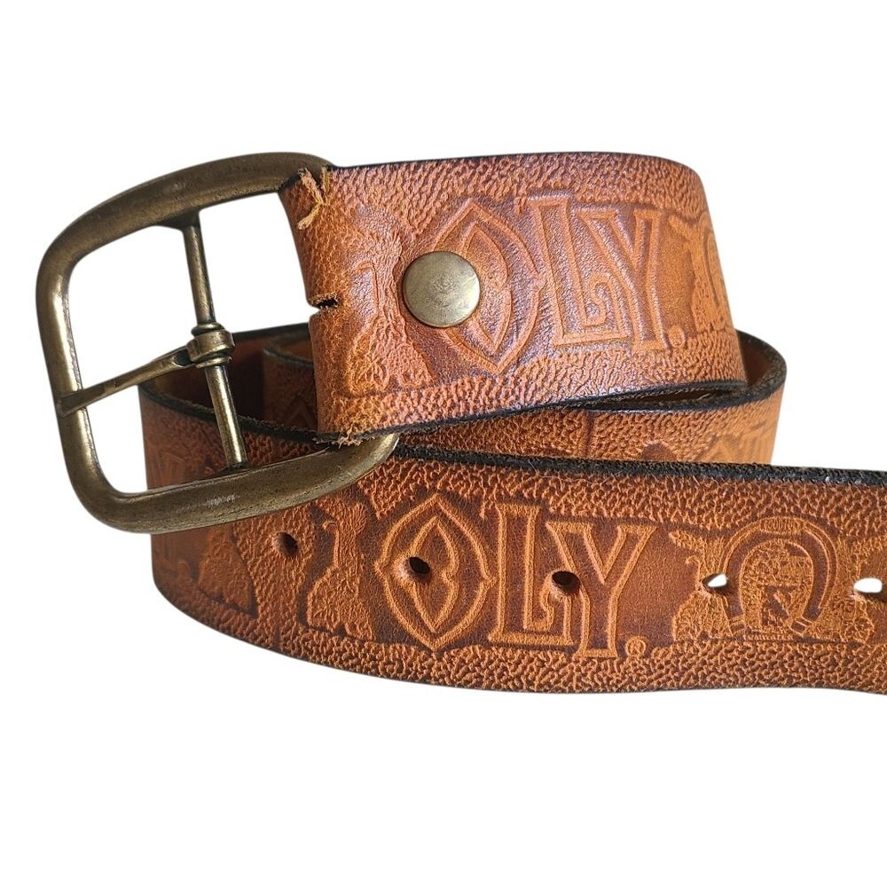 RARE 1970s vintage olympia beer hand-tooled leather belt solid brass buckle 30